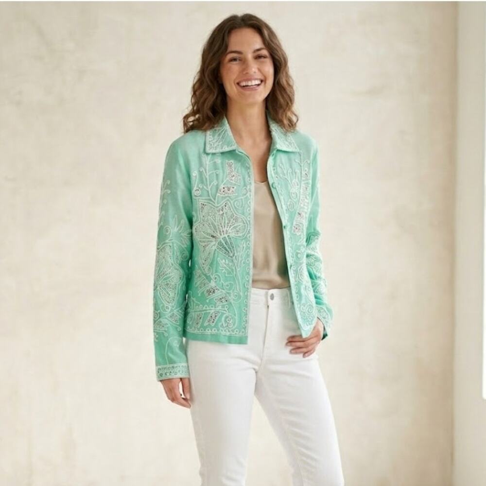 Vintage 80s 100% Silk Jacket Jade Green Soutache Embroidery Women L Art to Wear